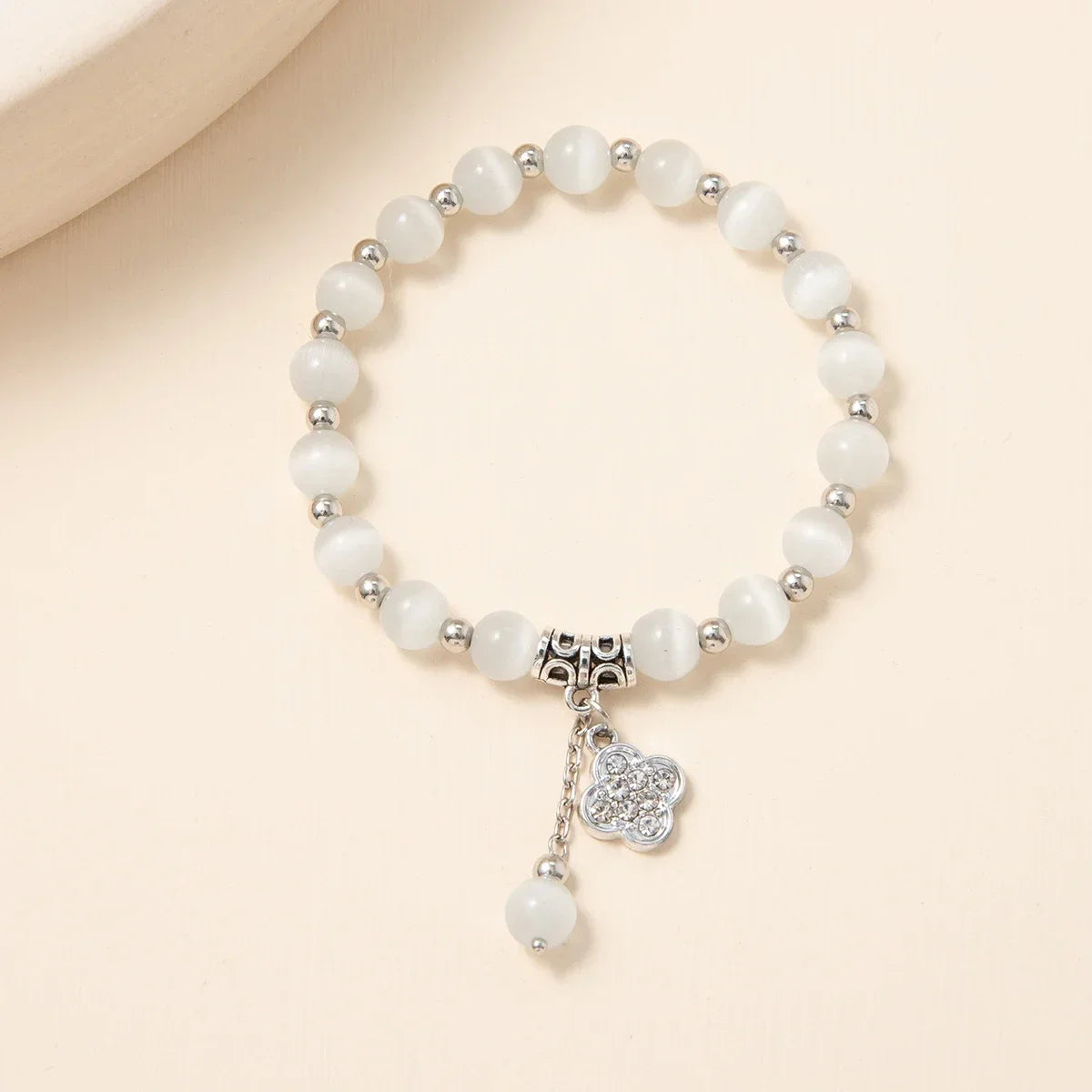 Kirykle Natural Crystal Bracelet for Women White Opal Stone Pearl Fashion Lucky Four-leaf Clover Women's Jewelry Bangles Gift