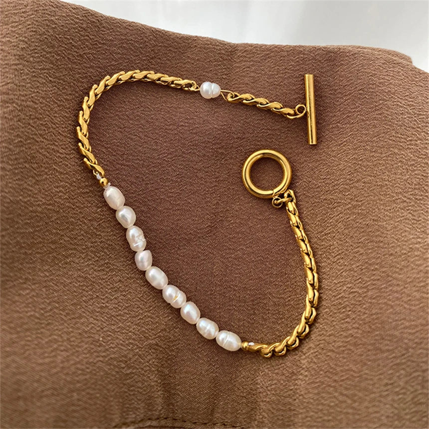 316L Stainless Steel Simplicity Vintage Irregular Shaped Imitate Pearl OT Buckle Chain Bracelets For Women Fashion Jewelry Gift