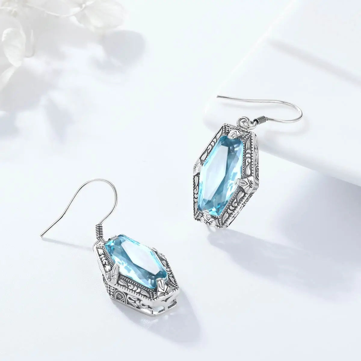 Vintage Aquamarine Earrings Hook Real Silver 925 Earring For Women  Anniversary Party Banquet Luxury Fine Jewelry