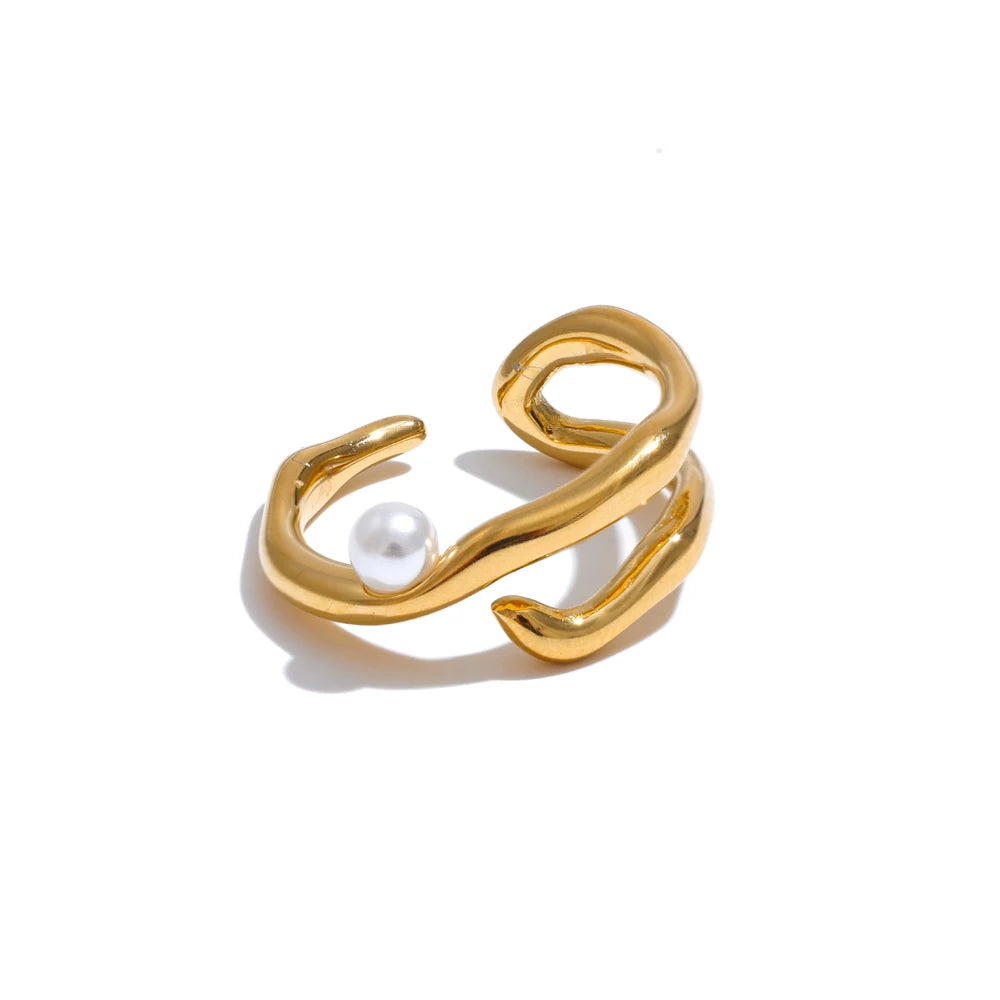 Yhpup Stylish Unique Stainless Steel Pearls Geometric Open Chic Ring for Women High Quality Jewelry Bijoux