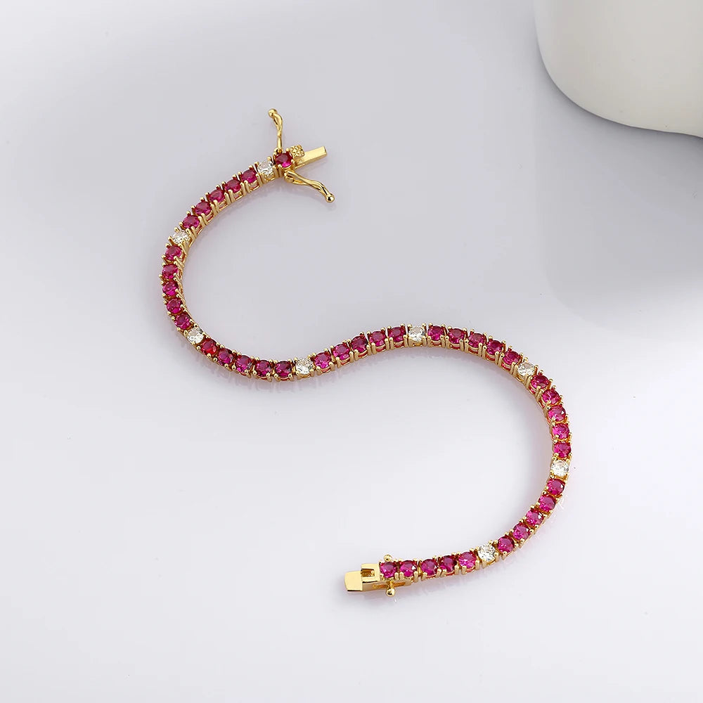 Solid Real 925 Silver Tennis Bracelet 3MM Ruby Fuchsia Pink Mix White Cubic Zircon 15-21 CM Chain Fine Jewelry For Women