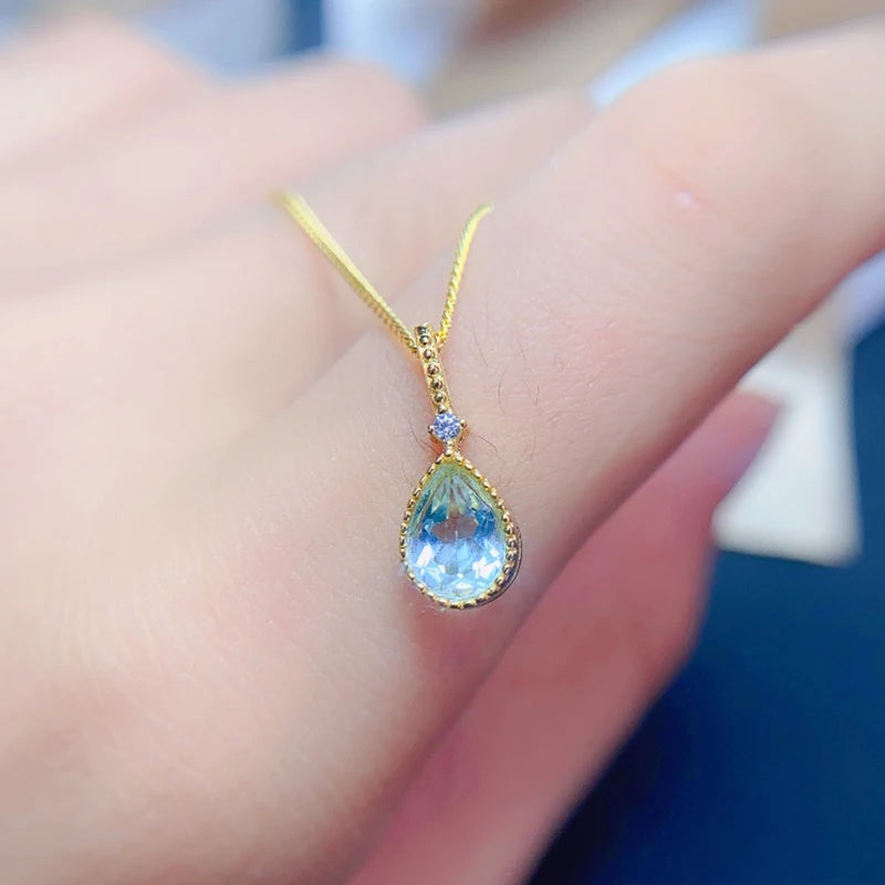 Natural Aquamarine  pendant necklace for women silver 925 jewelry luxury gem stones 18k gold plated free shiping items