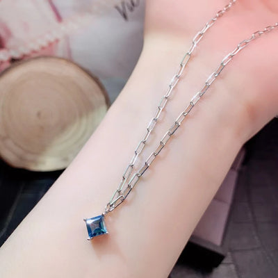 Pure London Blue Topaz Pendant for Daily Wear 5mm 0.6ct VVS Natural Topaz Necklace Pendant 925 Silver Gemstone Jewelry
