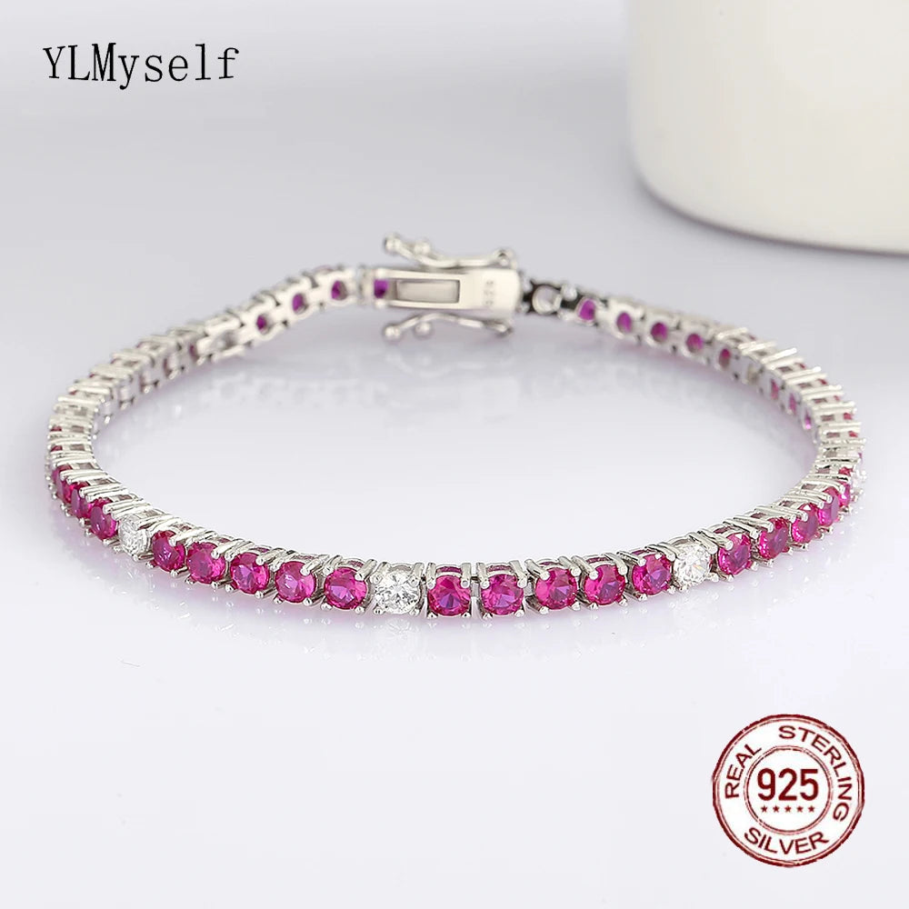 Solid Real 925 Silver Tennis Bracelet 3MM Ruby Fuchsia Pink Mix White Cubic Zircon 15-21 CM Chain Fine Jewelry For Women