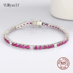 Solid Real 925 Silver Tennis Bracelet 3MM Ruby Fuchsia Pink Mix White Cubic Zircon 15-21 CM Chain Fine Jewelry For Women