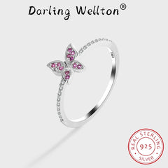 Classic Butterfly Ruby Full Diamond Couple Ring For Women Red Bow Original Genuine Sterling Silver Valentine's Day Gift Jewelry