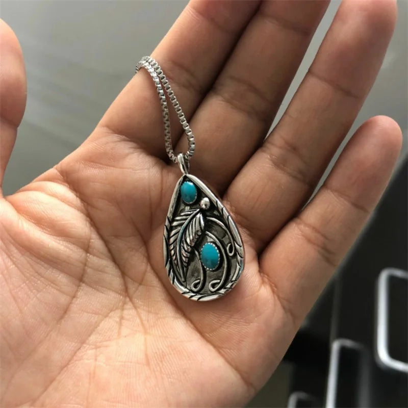 Fashion Retro Turquoise Inlaid Feather Pendant Necklace