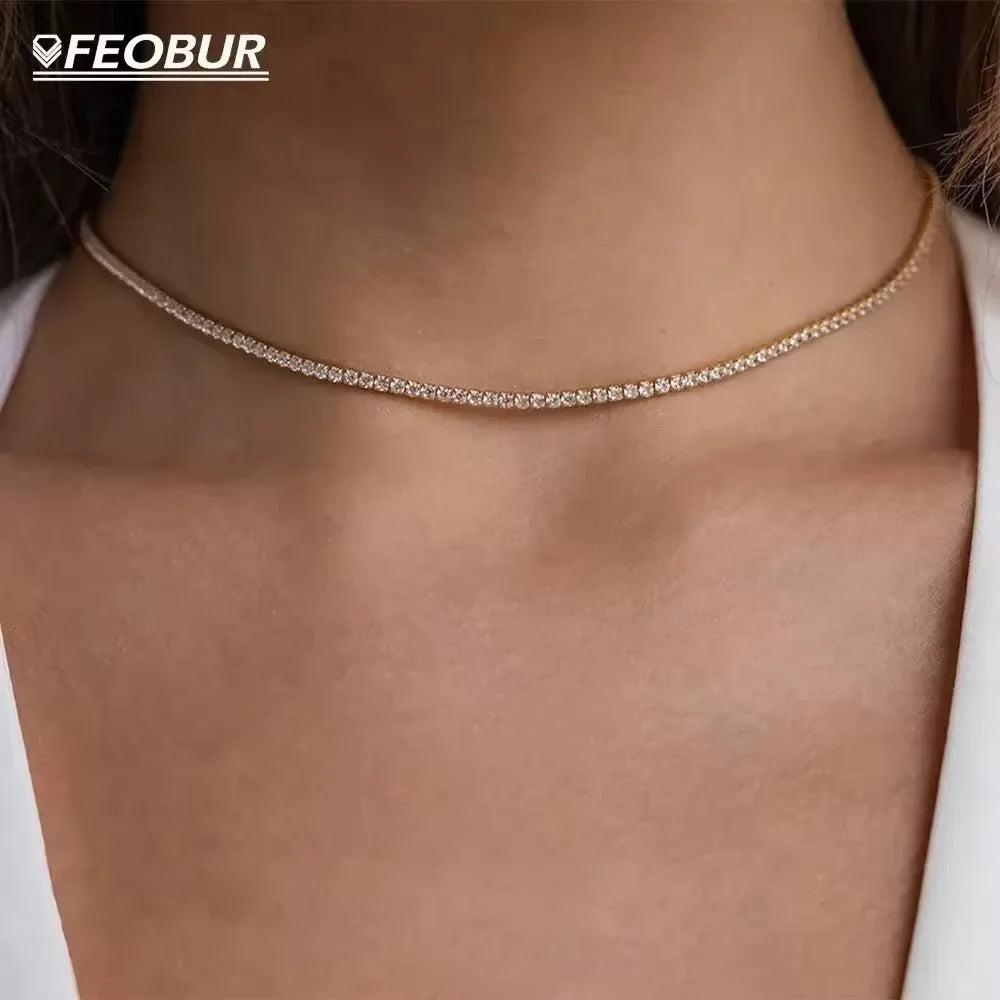 Moissanite Tennis Choker Necklace for Women S925 Silver Plated 18K Gold Adjustable Full Diamond Neck Chain