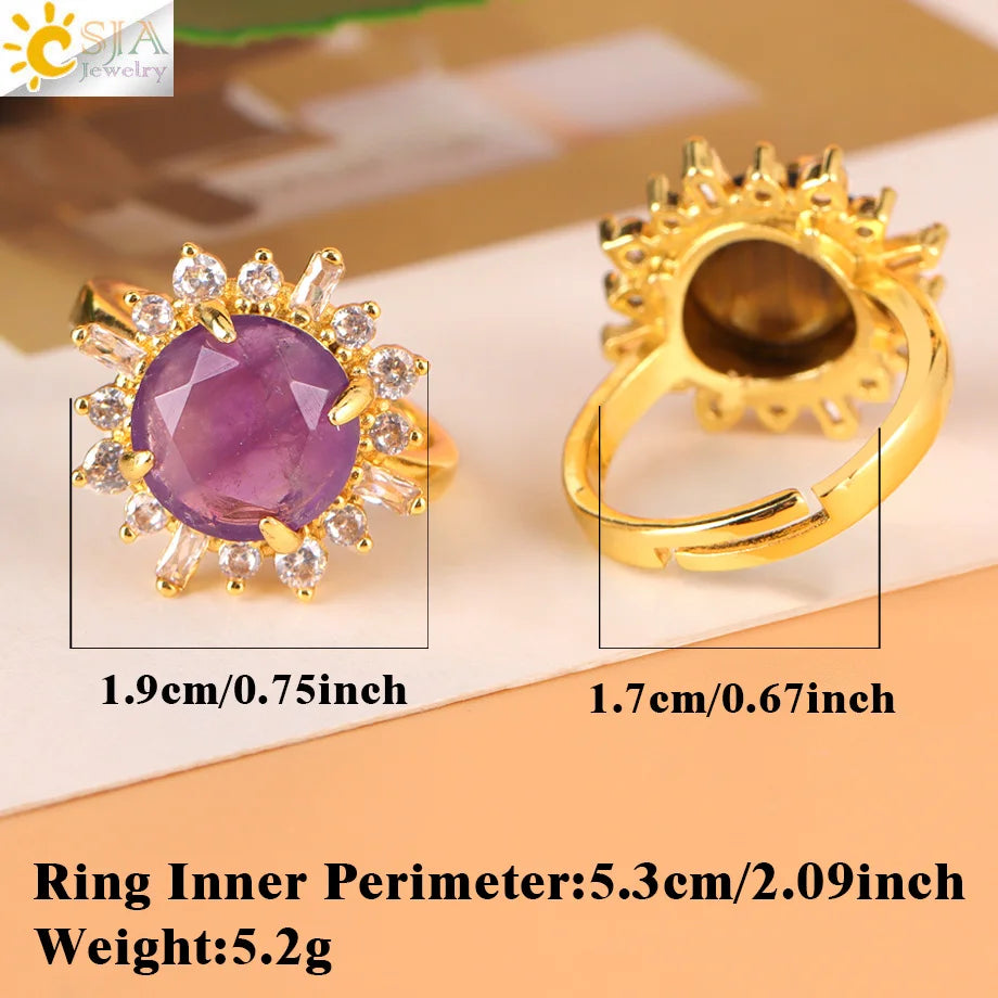Sun Ring for Women Energy Natural Stone Amethysts Pink Quartz Bead Luxury Gold Color Finger Rings Jewelry H538