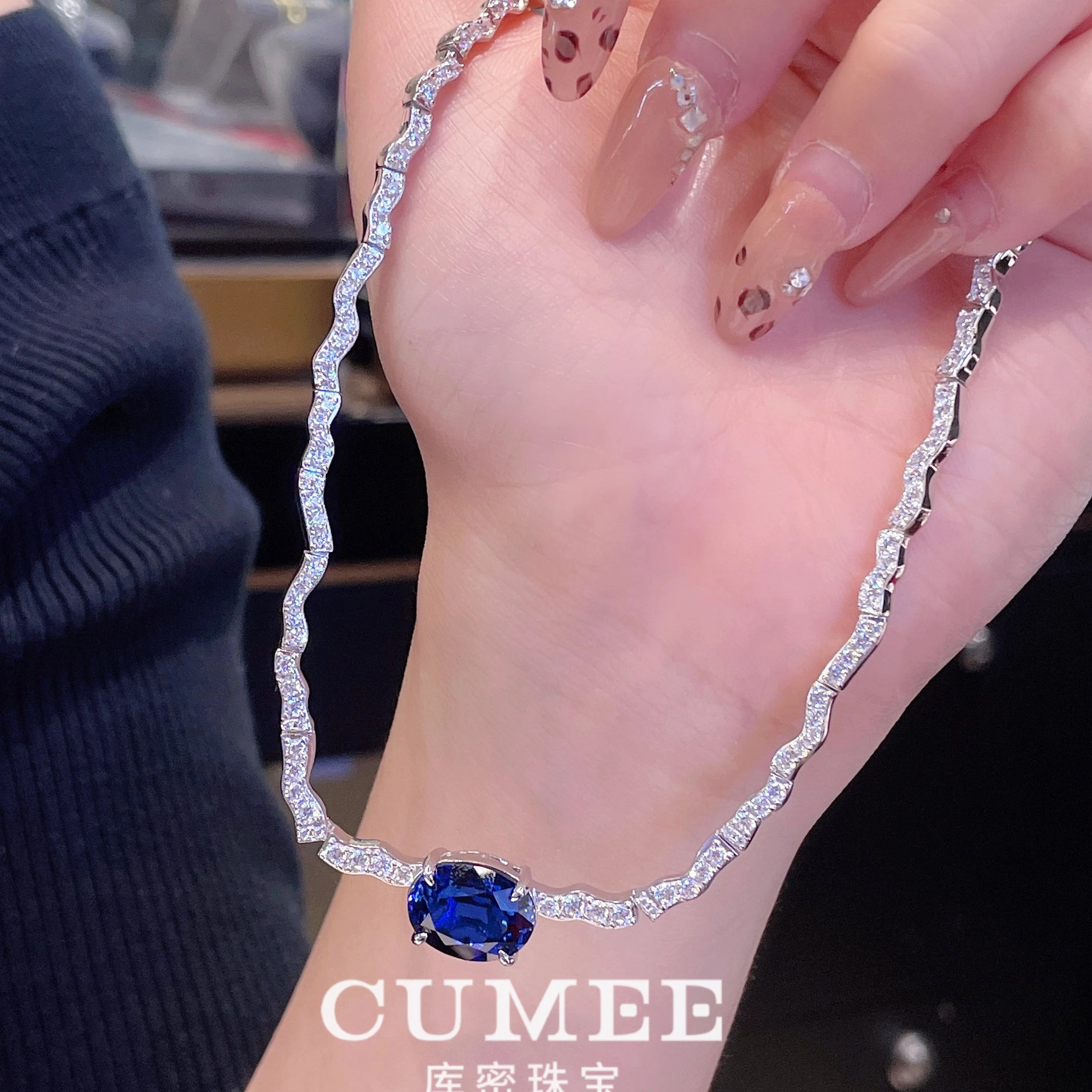 CUMEE Minimalist Luxury Wave Necklace with Royal Blue Cultured Synthetic Sapphire Necklace. 925 Silver Gold-plated