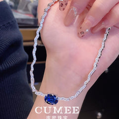 CUMEE Minimalist Luxury Wave Necklace with Royal Blue Cultured Synthetic Sapphire Necklace. 925 Silver Gold-plated