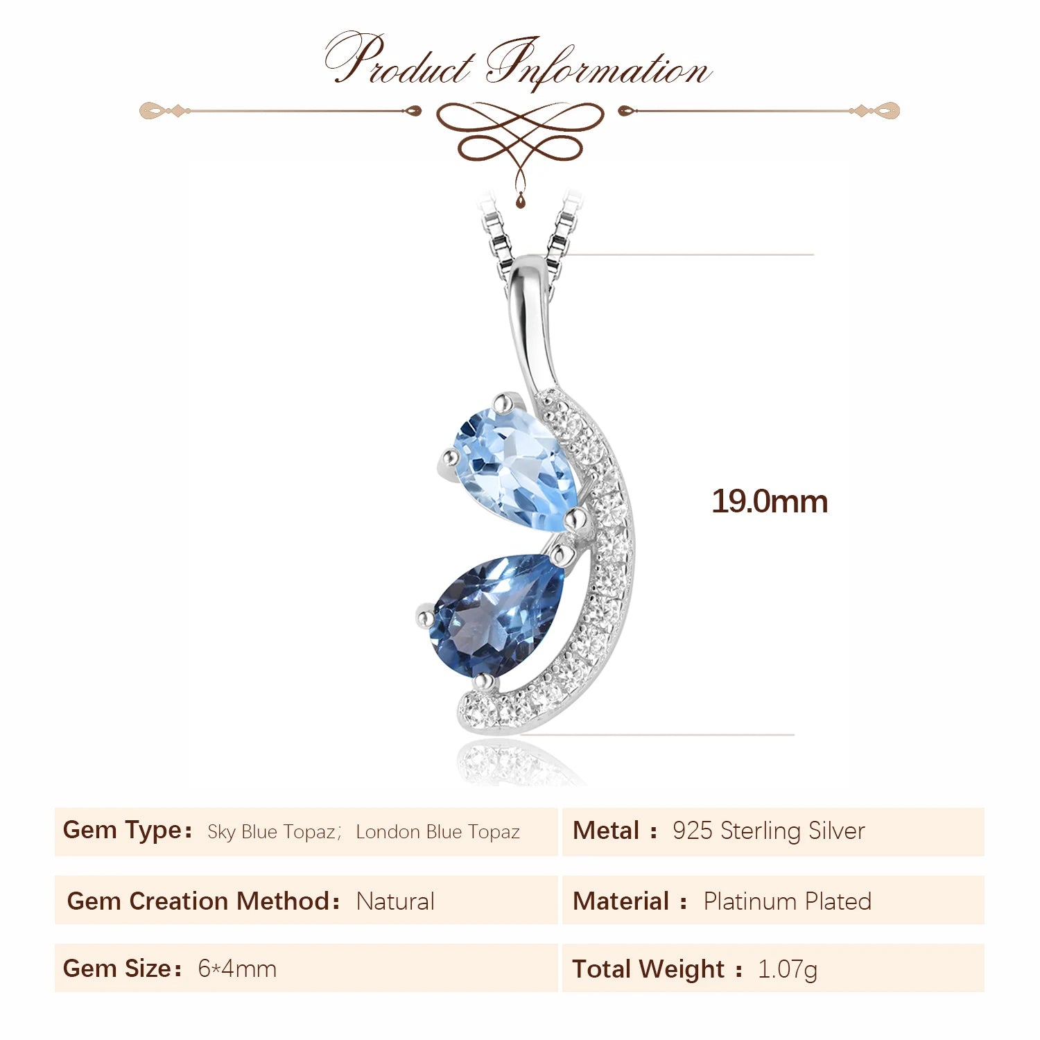 Potiy Pear Natural London Blue Topaz Sky Blue Topaz Pendant Necklace No Chain 925 Sterling Silver For Women Daily Jewelry