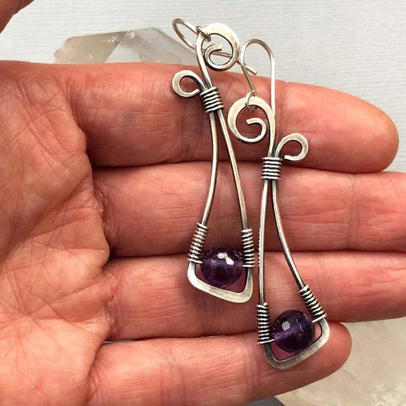 Artisan Wire-Wrapped Amethyst Boho Hippie Design Earrings
