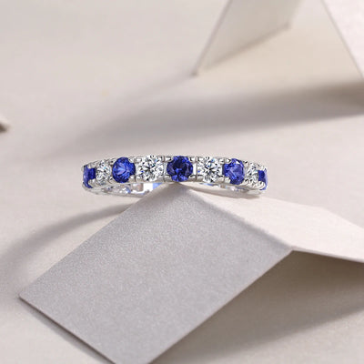 Elegant S925 Silver Ring with Alternating Moissanite & Blue Sapphires, 18K Gold Plated, Exquisite Design, Includes GRA Certifica