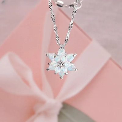 CiNily Delicate Flower Shaped Fire Opal Pendant Necklace Rose Gold Plated Trendy Jewelry Gifts for Women Girls(with Chain)
