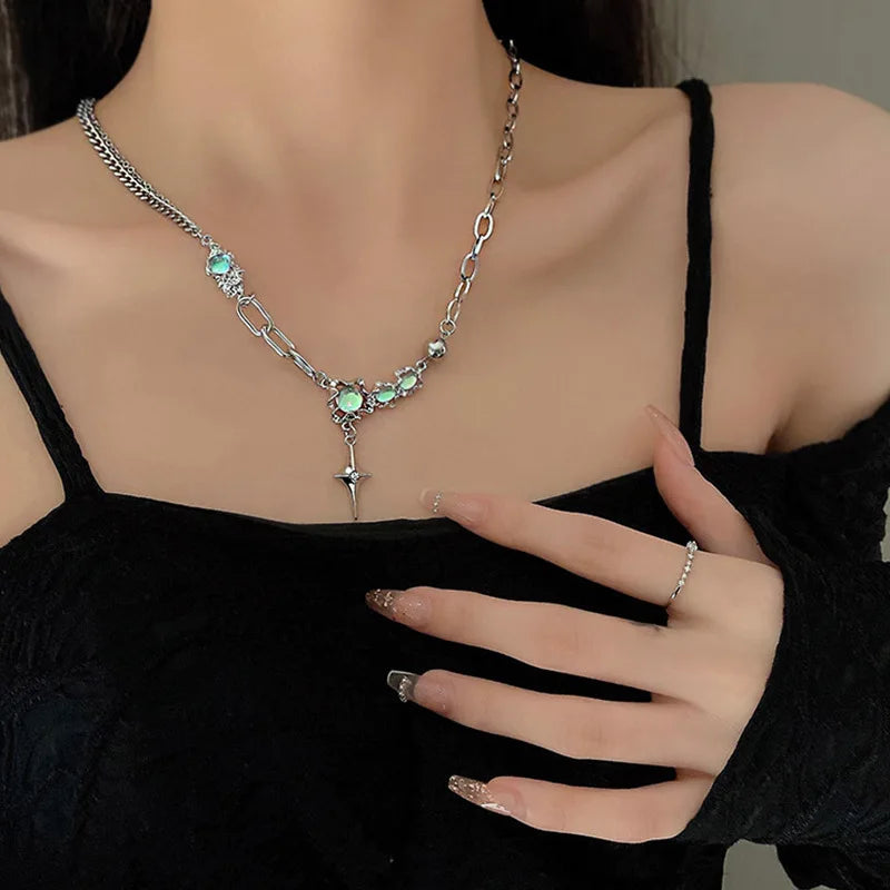 Trendy Bling Moonstone Star Cross Pendant Necklace
