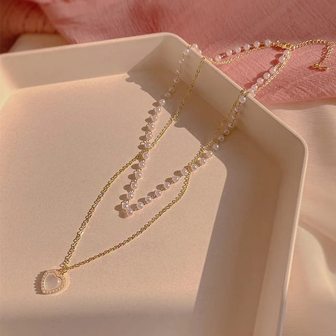 Love Heart Pendant Pearl Chain Necklace