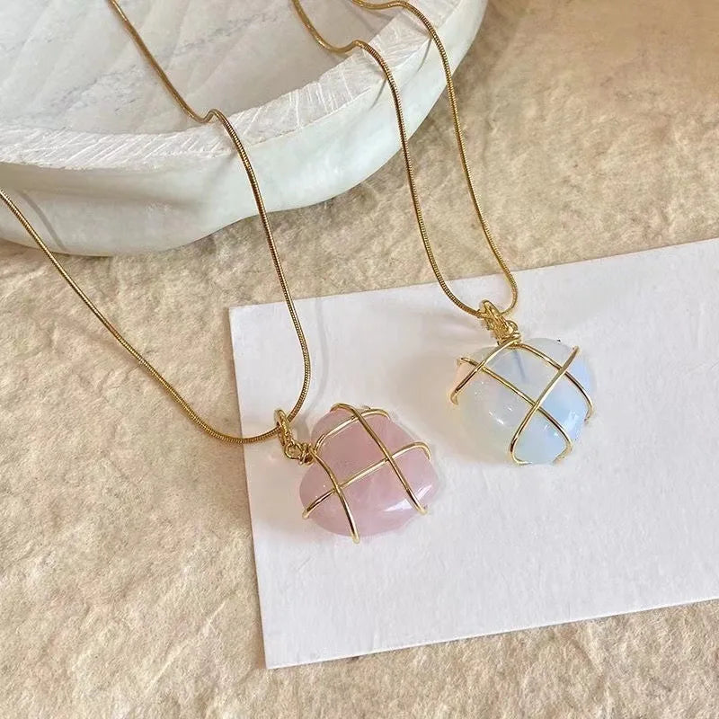 Pink Crystal Opal Heart Necklace