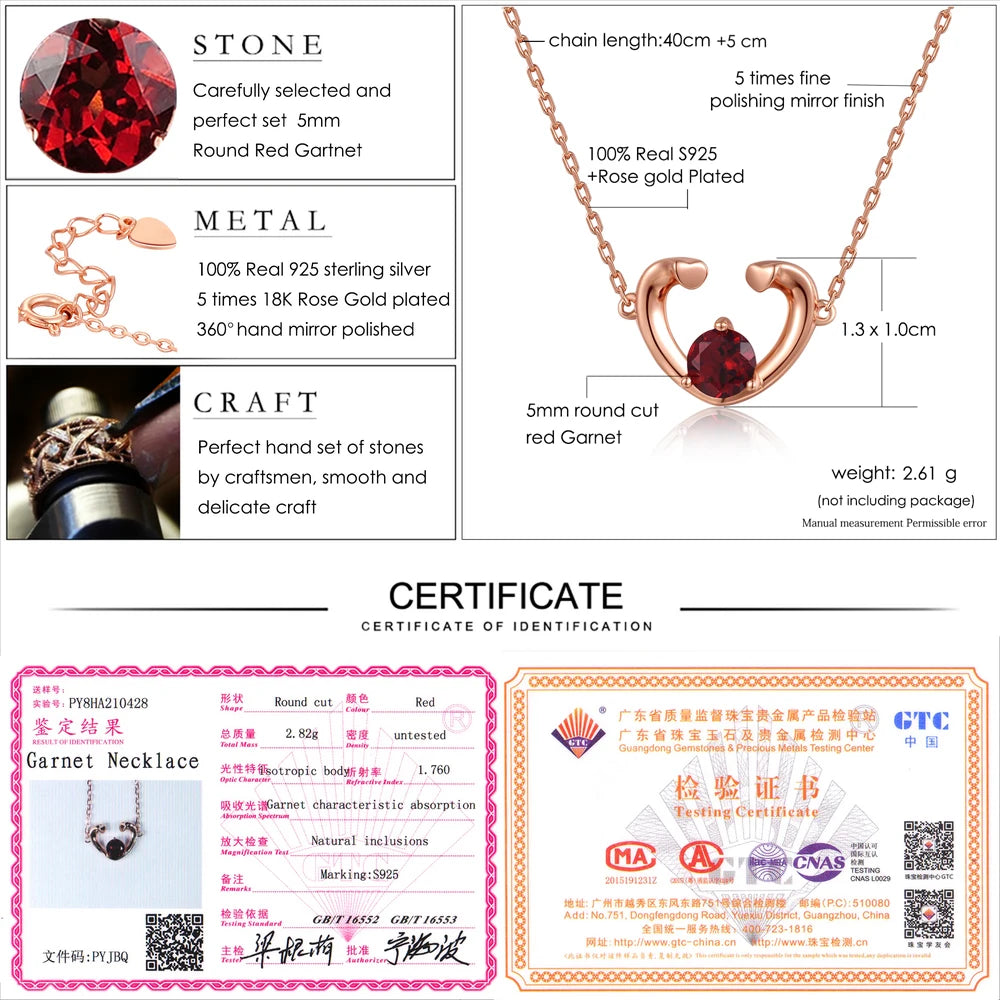 Natural Red Garnet Necklaces For Women Unique Sweet Heart Gemstone Pendant 925 Silver Rose Gold Vermeil Fine Jewelry Gift NI005