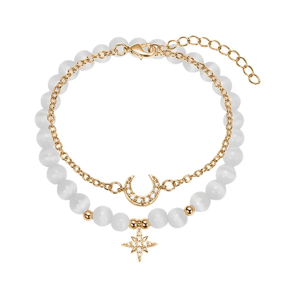 Kirykle Natural Crystal Bracelet for Women White Opal Stone Pearl Fashion Lucky Four-leaf Clover Women's Jewelry Bangles Gift