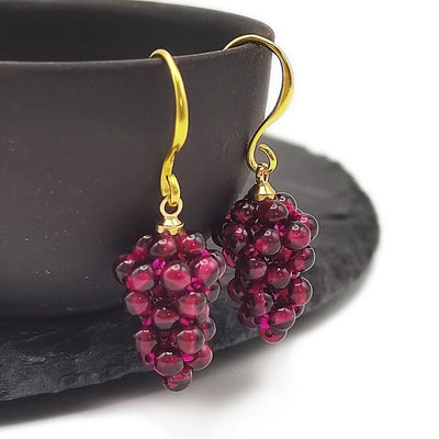 Gold-Dipped Garnet Grape Cluster Dangle Earrings