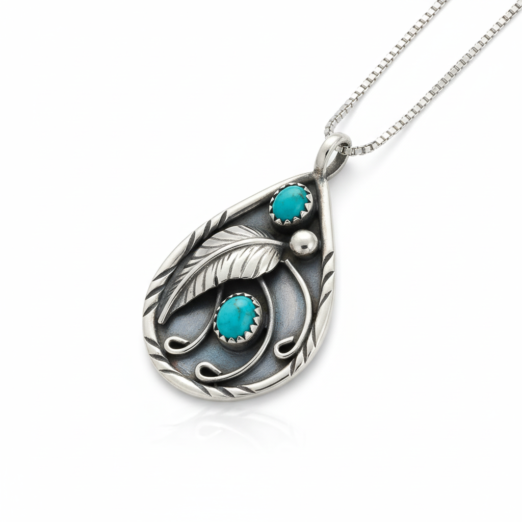 Fashion Retro Turquoise Inlaid Feather Pendant Necklace
