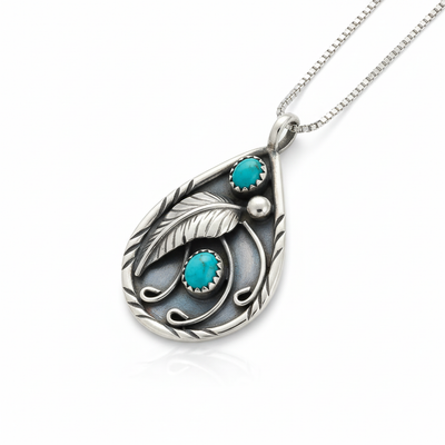 Fashion Retro Turquoise Inlaid Feather Pendant Necklace
