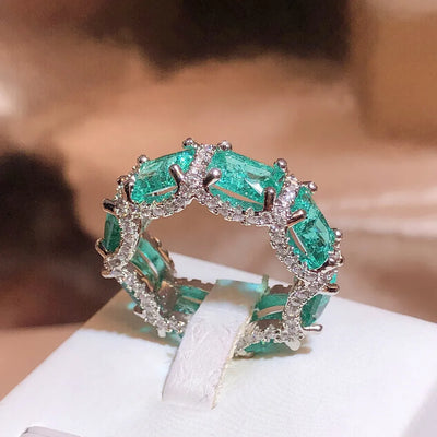 925 Stamp High-definition Paraiba Zircon Jewelry Heavy Industry Inlaid Aquamarine Topaz Ring Women's Party Wedding Rings