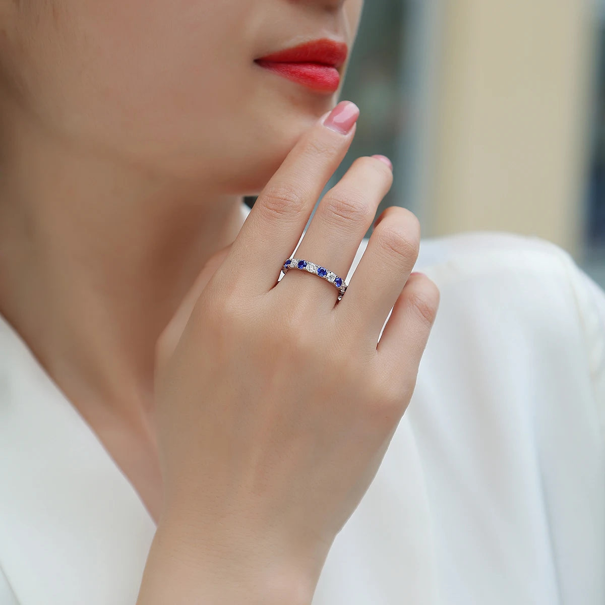 Elegant S925 Silver Ring with Alternating Moissanite & Blue Sapphires, 18K Gold Plated, Exquisite Design, Includes GRA Certifica