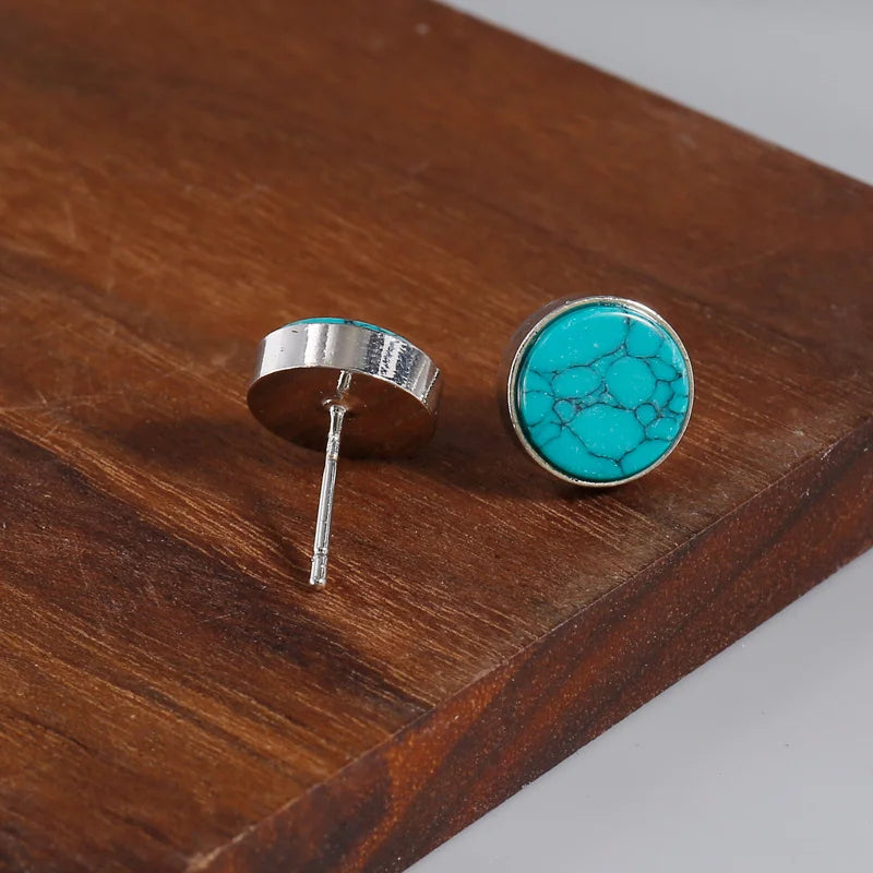 Vintage Silver Round Turquoise Stud Earrings