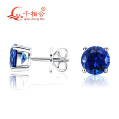 Lab Created royal Blue/Cornflower blue Sapphire Ear Stud 5-9mm with inclusions round Shape S925 Silver earrings Jewelry