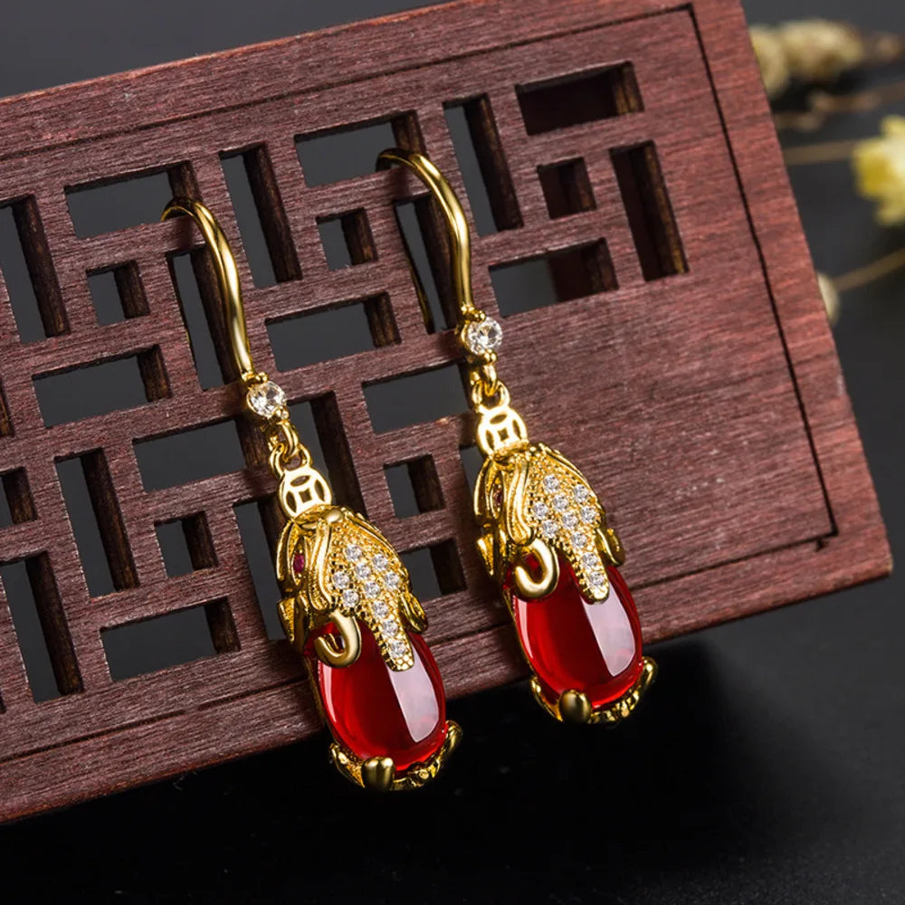 WOAIKATE Vintage Ruby Drop Earrings For Women 925 Sterling Silver With 18K Gold Plated Jewelry Elegant Hoop Earrings Party Gifts