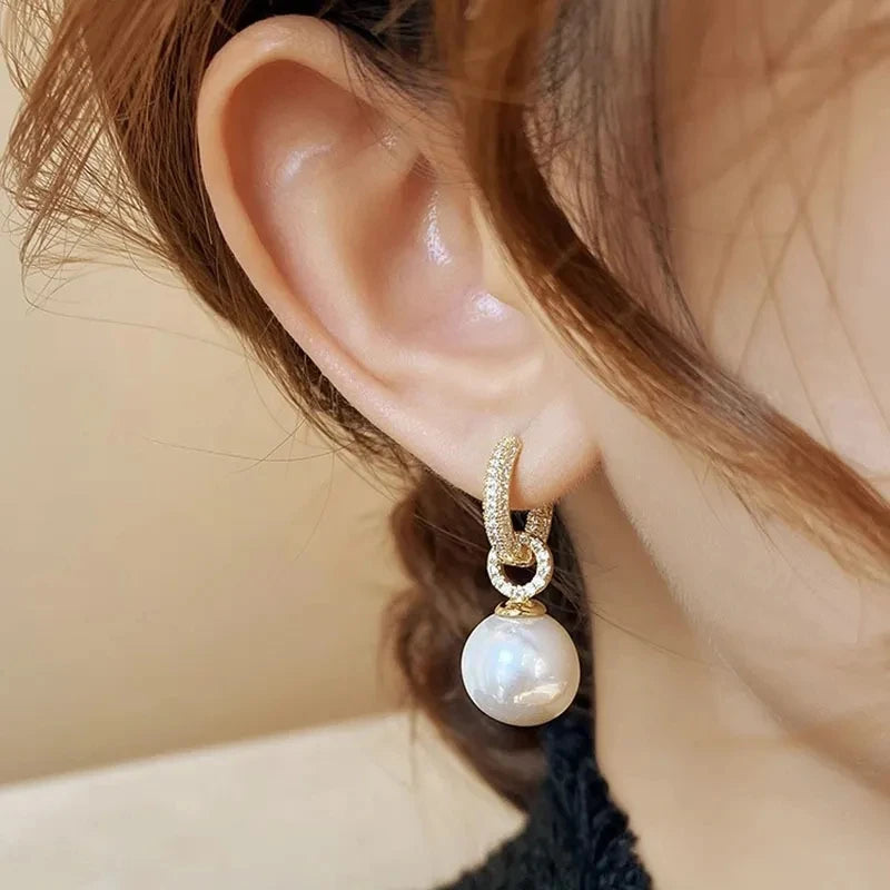 Silver-Plated Pearl Zircon Hoop Earrings