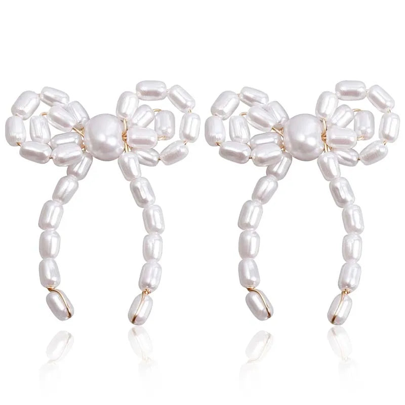 Vintage White Imitation Pearl Bowknot Stud Earrings for Women Elegant Handmade Woven Beaded Statement Earrings  Jewelry 2024
