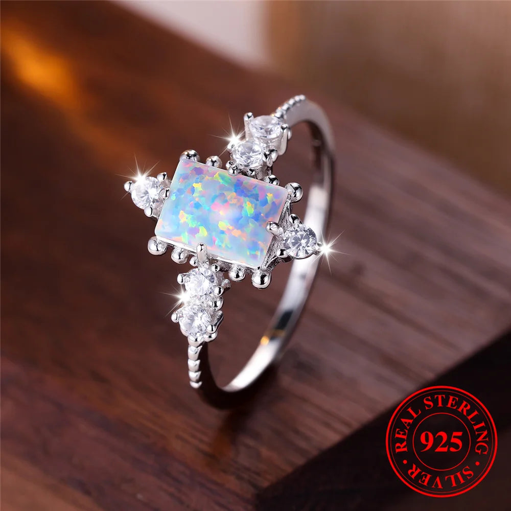 Cute Female Natural White Fire Opal Stone Square Ring Real 925 Sterling Silver Wedding Jewelry For Women