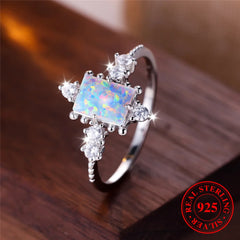 Cute Female Natural White Fire Opal Stone Square Ring Real 925 Sterling Silver Wedding Jewelry For Women