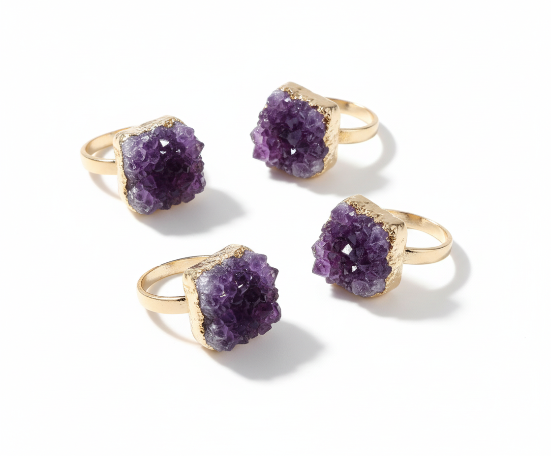 Natural Amethyst Rough Stone Gold Plated Rings