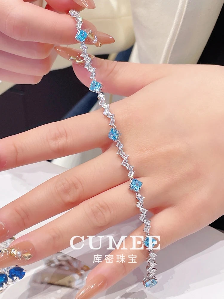 Cumee Cut Dainty Daily Square Princess Cultivate Synthetic Aquamarine Bracelet 925 Sterling Silver Gold Plated