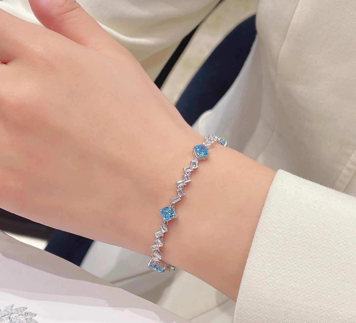 Cumee Cut Dainty Daily Square Princess Cultivate Synthetic Aquamarine Bracelet 925 Sterling Silver Gold Plated