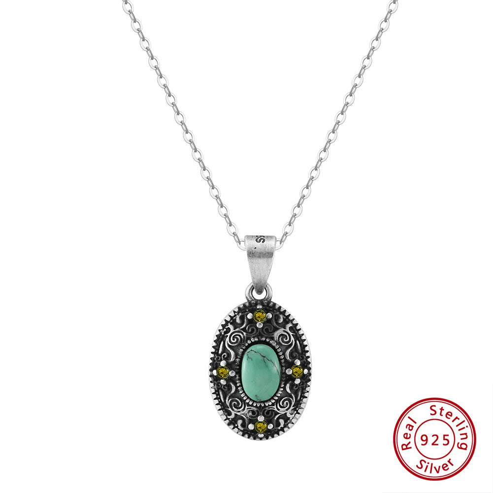 ORSA JEWELS Vintage Round Turquoise Pendant 925 Sterling Silver Oxide Natural Stone Necklace for Women Religious Jewelry GMN46