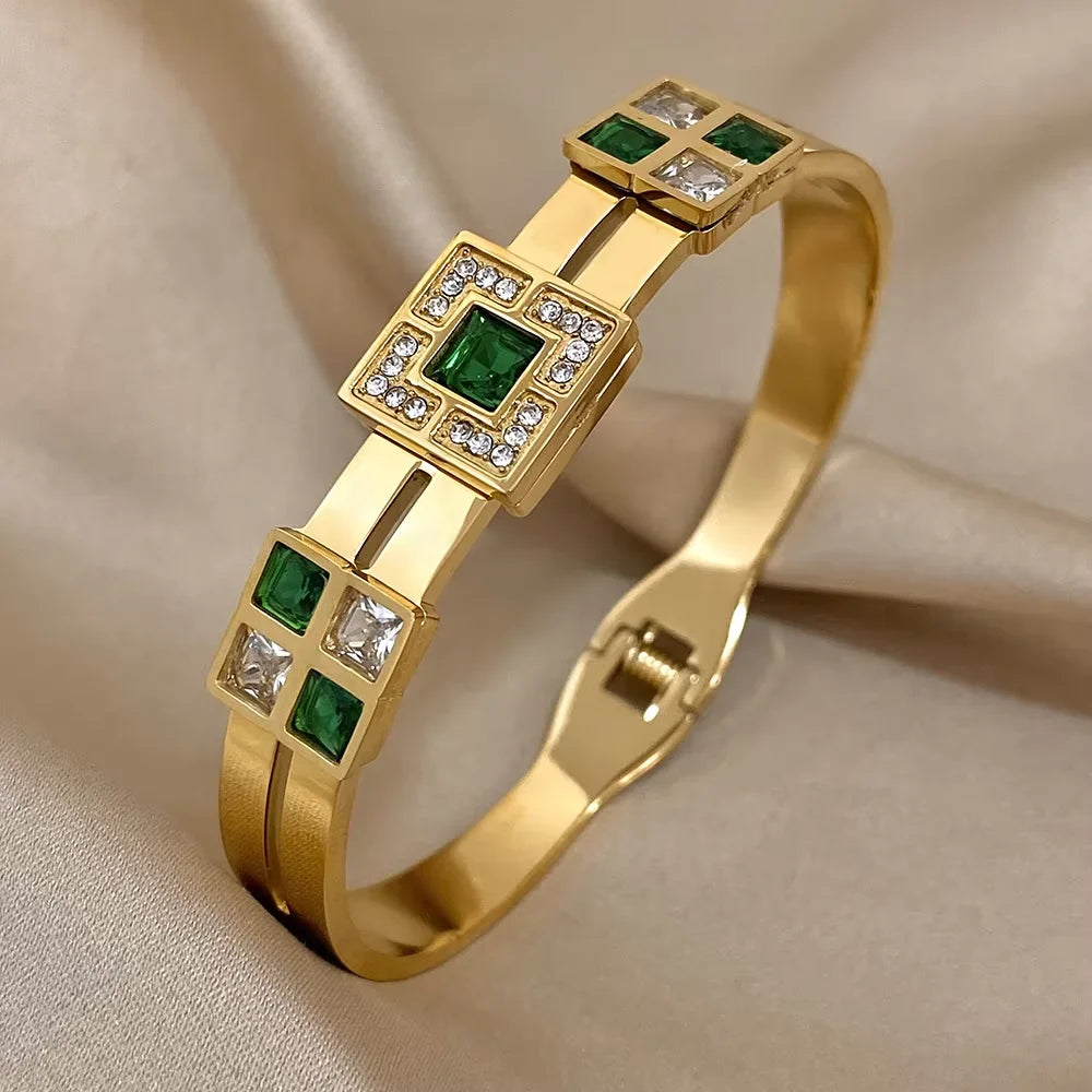 Luxury Royal Emerald Green White Zircon Stainless Steel Bangle Cuff Bracelet Italian Charm Large CZ Waterproof Bangles Jewelry