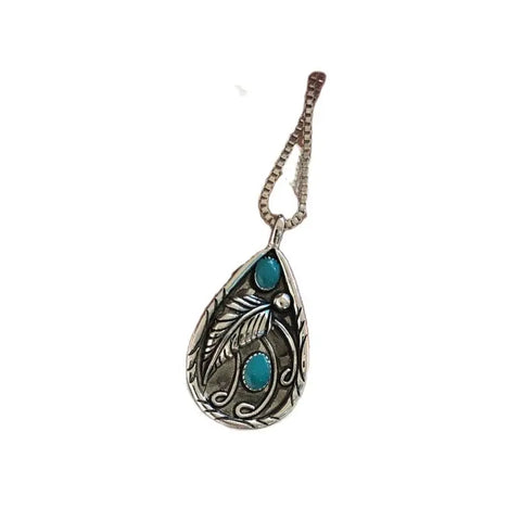 Fashion Retro Turquoise Inlaid Feather Pendant Necklace