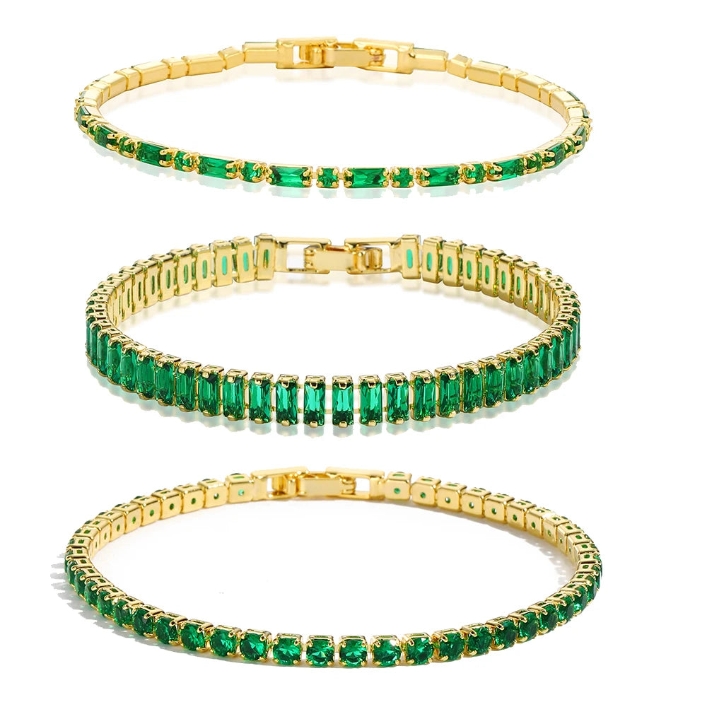 New Trendy Emerald Cubic Zirconia Jewelry 18K Gold Plated Charm Green CZ Crystal Tennis Female Bracelets Bangles for Women Gift