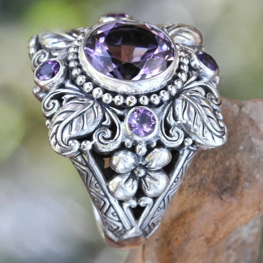 Punk Style Vintage 100% Flower 925 Sterling Silver Round Natural Amethyst Wedding Engagement Rings For Women Fine Jewelry