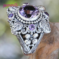 Punk Style Vintage 100% Flower 925 Sterling Silver Round Natural Amethyst Wedding Engagement Rings For Women Fine Jewelry