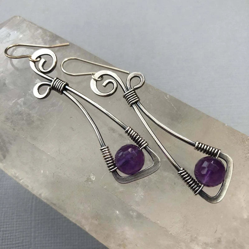 Artisan Wire-Wrapped Amethyst Boho Hippie Design Earrings