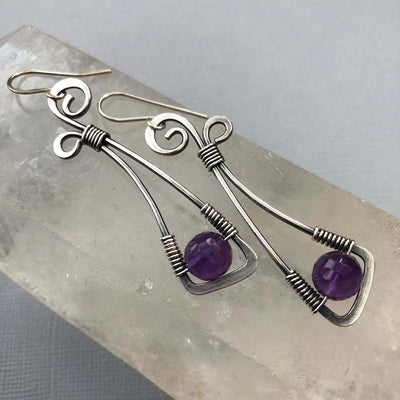 Artisan Wire-Wrapped Amethyst Boho Hippie Design Earrings