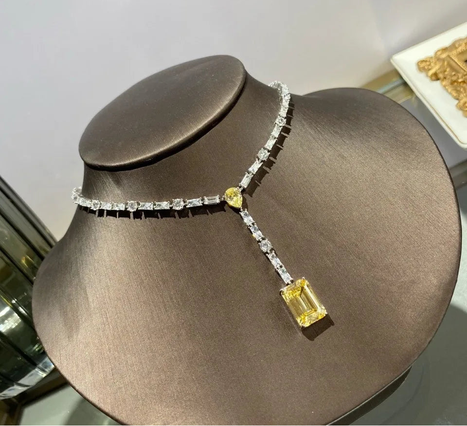 Wong Rain 100% 925 Sterling Silver Emerald Cut Citrine High Carbon Diamonds Gemstone Tennis Chain Pendant Necklace Fine Jewelry