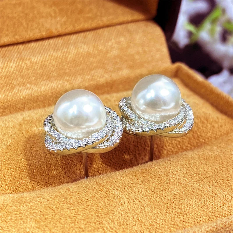 Shiny Imitation Pearl Cross Stud Earrings