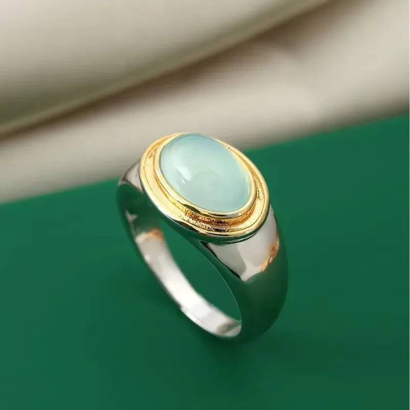 European and American new fashionable green moonstone inlaid with personalized simple women's ring